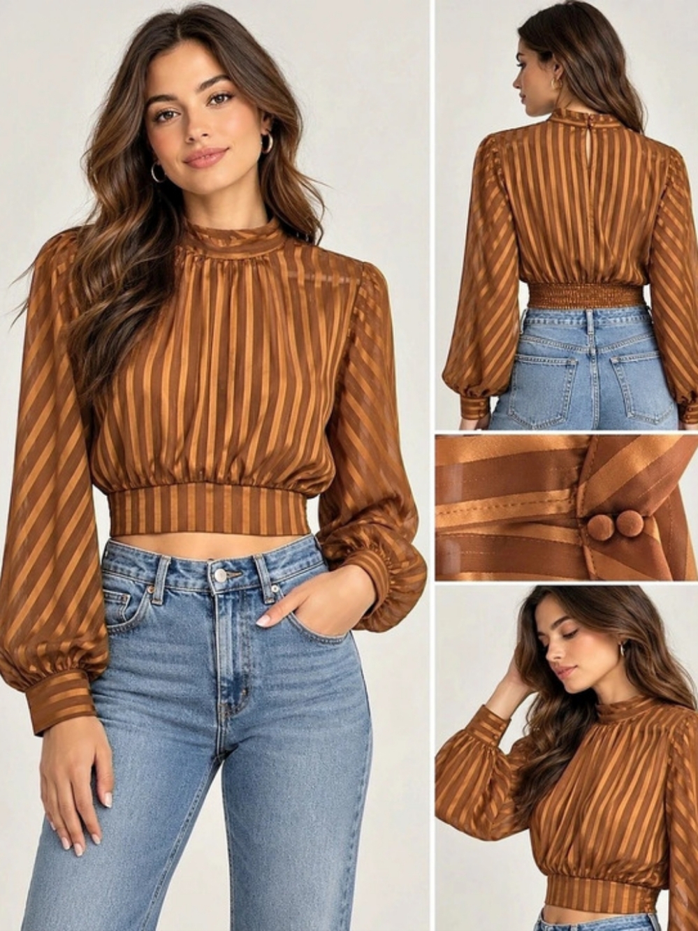 Flying Tomato Striped Crop Blouse in Brown Size Small Like New